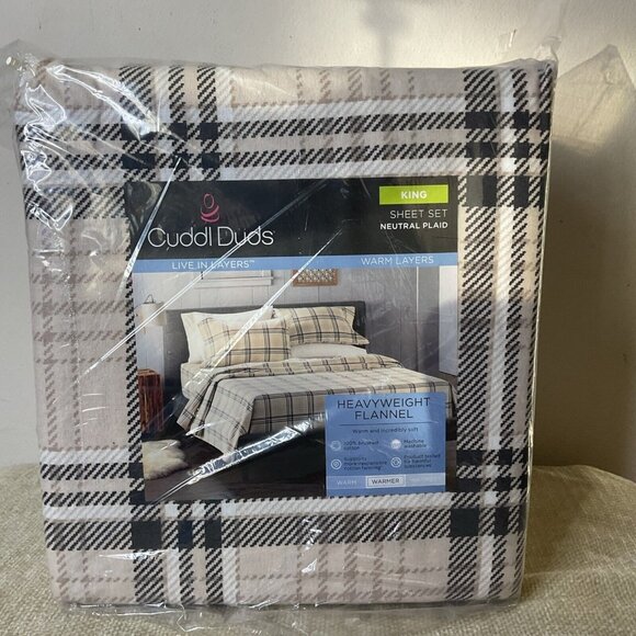 Cuddl Duds King Size Heavyweight Flannel Sheet Set Neutral Plaid - Picture 2 of 6